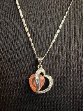 NEW! Heart  Pink Peach Silver Tone adjustable Necklace Rhinestone Accents